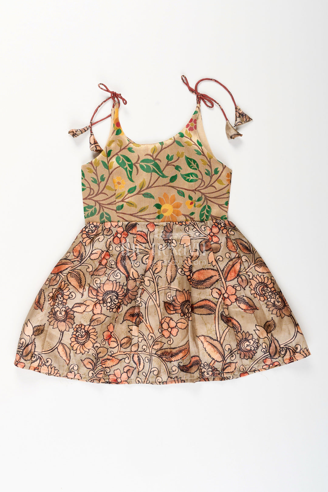 The Nesavu Tie-up Frock Silk Blend Kalamkari Tie-Up Frock for Baby Girls with Peacock Border Nesavu 16 (1Y) / Yellow / Style 6 T412F-16 Nesavu Kalamkari silk blend tie-up frock for baby girls – peacock motif festive dress