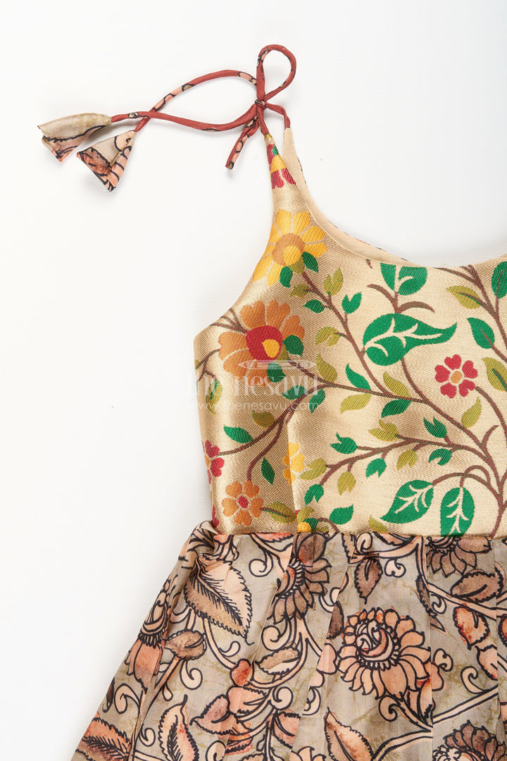 The Nesavu Tie-up Frock Silk Blend Kalamkari Tie-Up Frock for Baby Girls with Peacock Border Nesavu Nesavu Kalamkari silk blend tie-up frock for baby girls – peacock motif festive dress