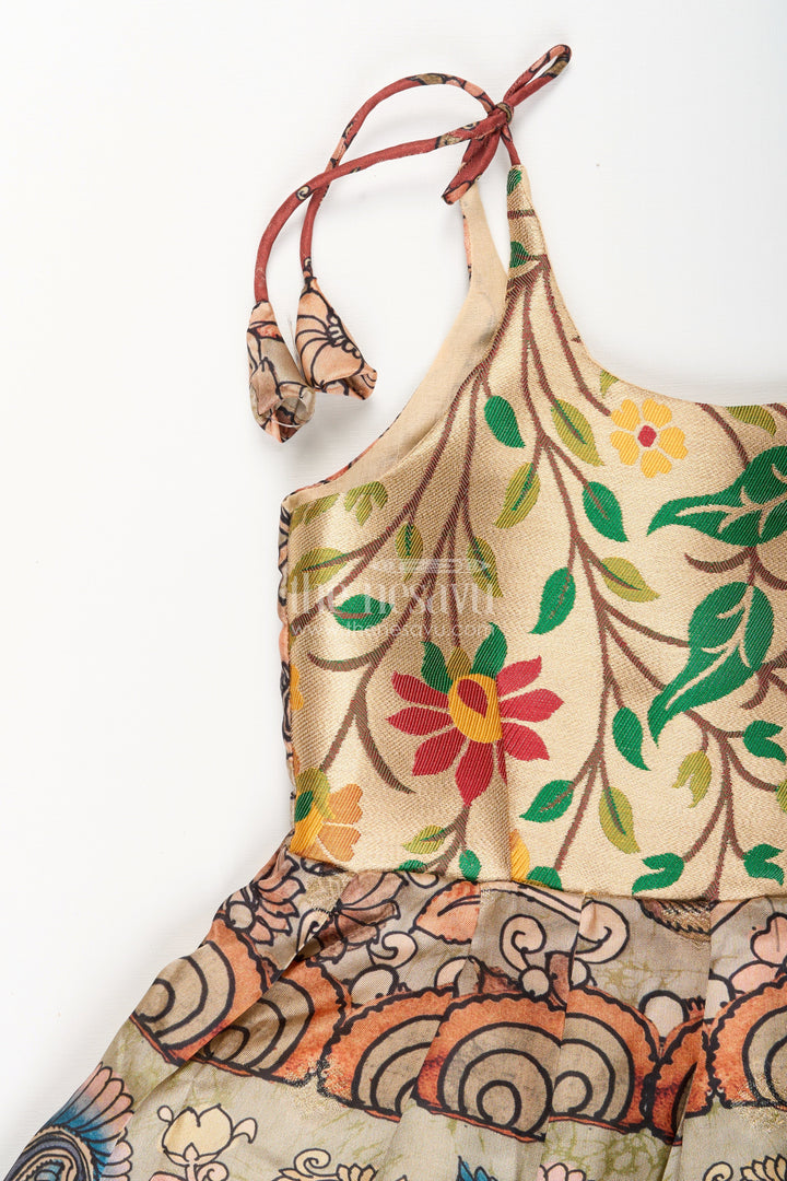 The Nesavu Tie-up Frock Silk Blend Kalamkari Tie-Up Frock for Baby Girls with Peacock Border Nesavu Nesavu Kalamkari silk blend tie-up frock for baby girls – peacock motif festive dress