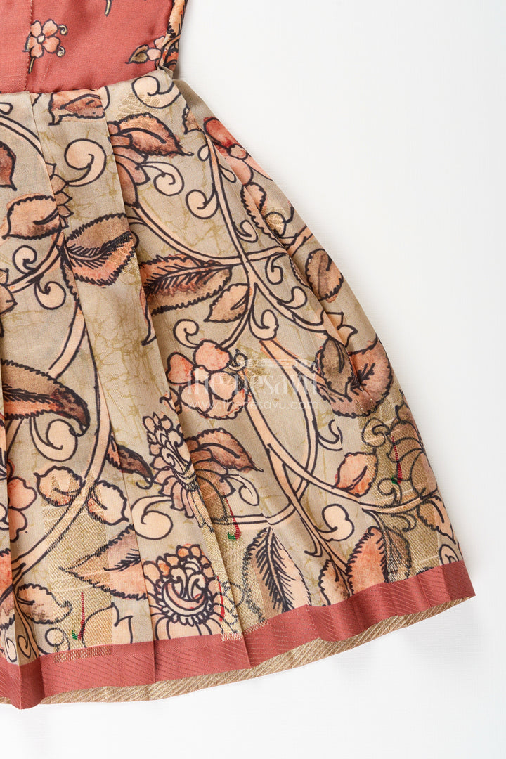 The Nesavu Tie-up Frock Silk Blend Kalamkari Tie-Up Frock for Baby Girls with Peacock Border Nesavu Nesavu Kalamkari silk blend tie-up frock for baby girls – peacock motif festive dress