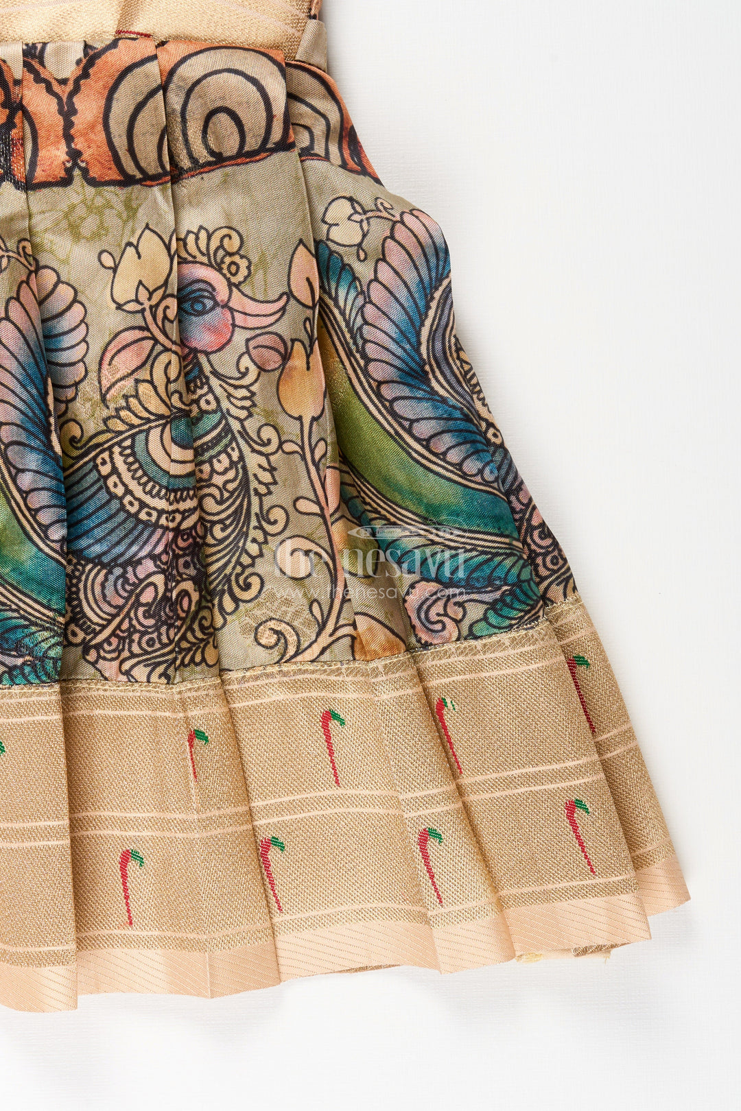 The Nesavu Tie-up Frock Silk Blend Kalamkari Tie-Up Frock for Baby Girls with Peacock Border Nesavu Nesavu Kalamkari silk blend tie-up frock for baby girls – peacock motif festive dress