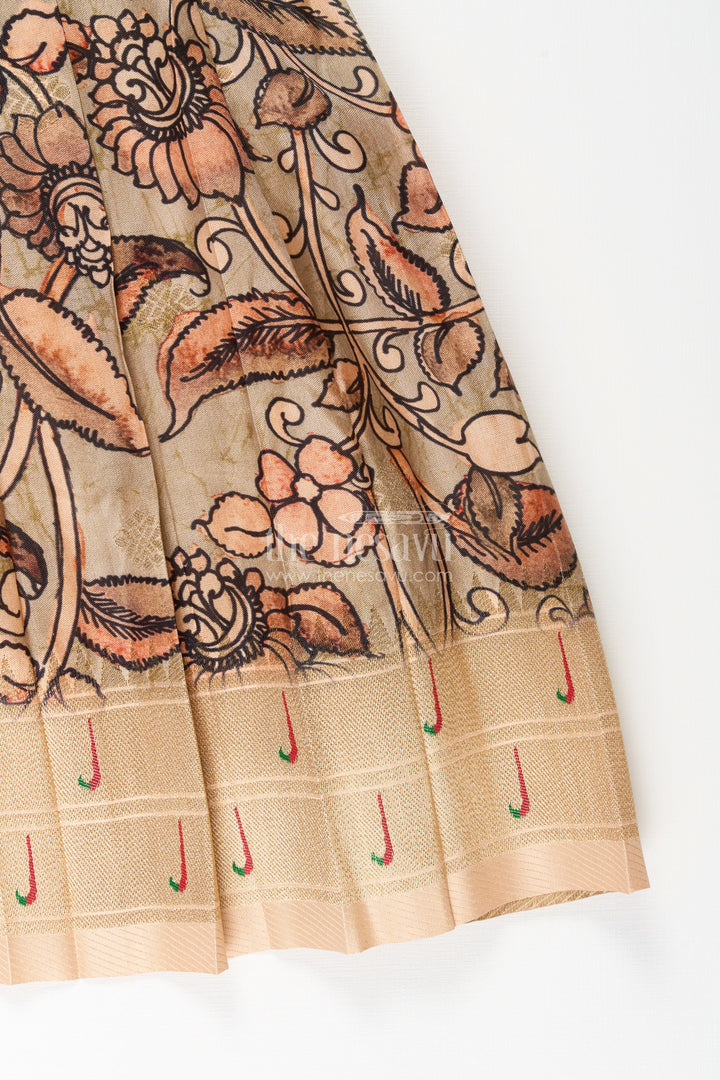 The Nesavu Tie-up Frock Silk Blend Kalamkari Tie-Up Frock for Baby Girls with Peacock Border Nesavu Nesavu Kalamkari silk blend tie-up frock for baby girls – peacock motif festive dress
