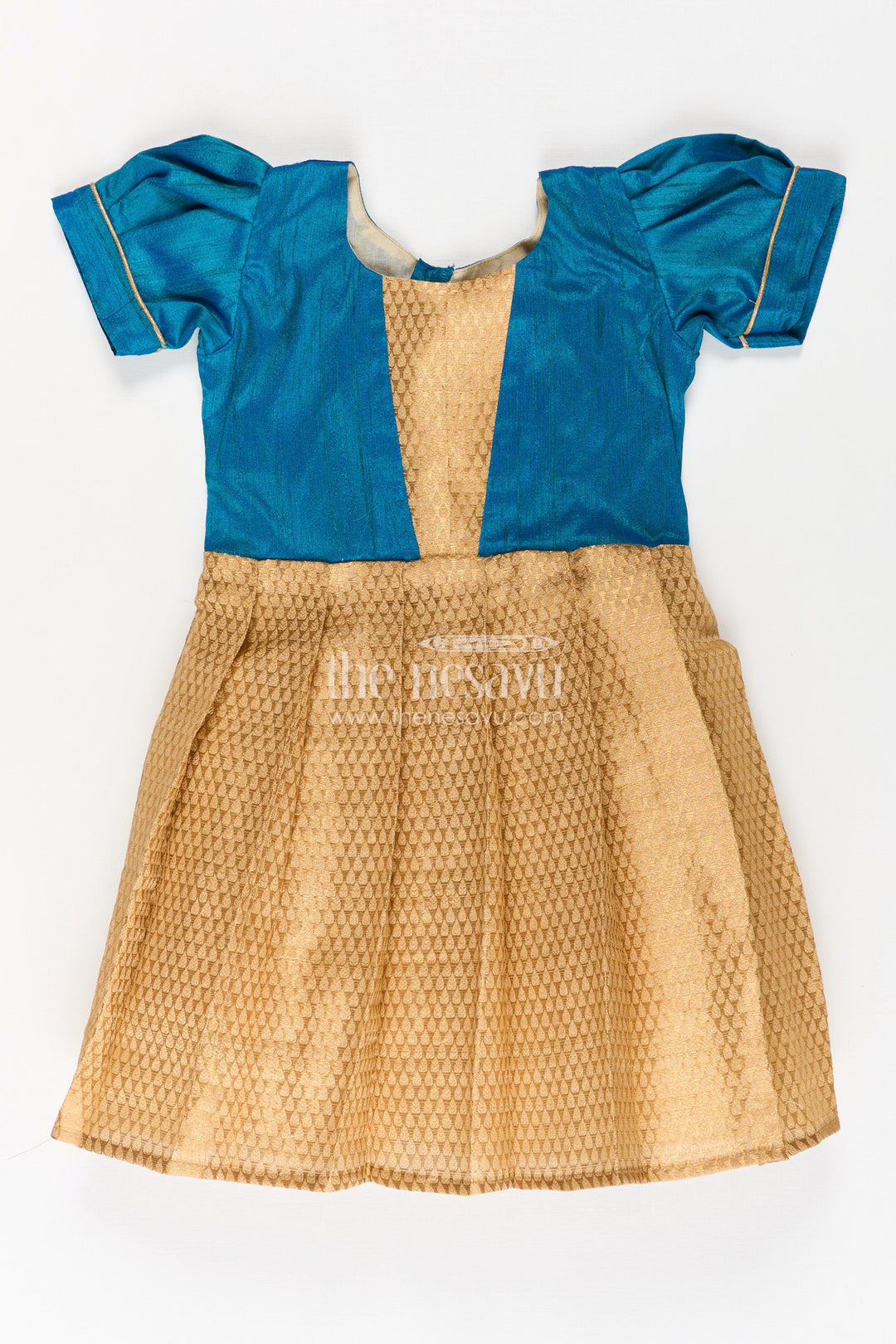 The Nesavu Silk Frock Silk Dres for Girls with Blue Raw Silk Top and Golden Tissue Silk Skirt for Elegant Festive Look Nesavu 18 (2Y) / Yellow SF1014B-18 Nesavu Silk Dres Girls Blue Raw Silk Golden Tissue Skirt Puff Sleeves