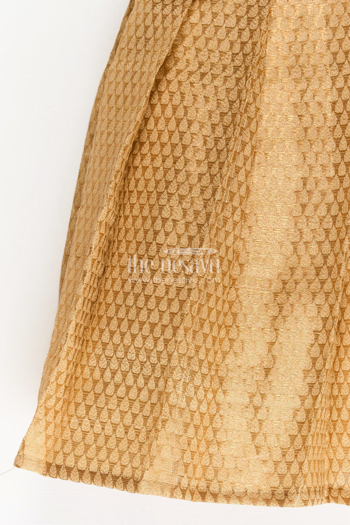 The Nesavu Silk Frock Silk Dres for Girls with Blue Raw Silk Top and Golden Tissue Silk Skirt for Elegant Festive Look Nesavu Nesavu Silk Dres Girls Blue Raw Silk Golden Tissue Skirt Puff Sleeves