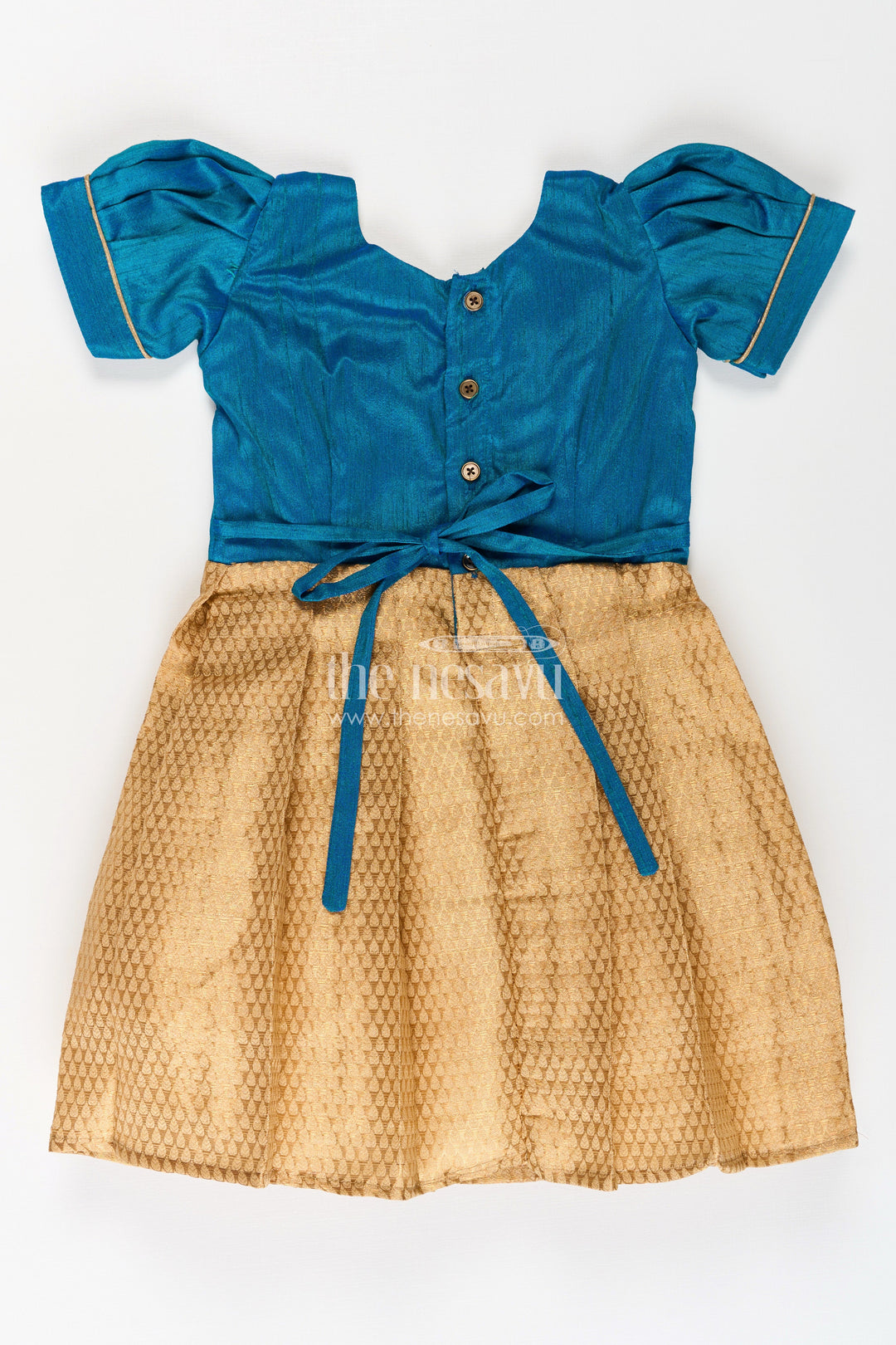 The Nesavu Silk Frock Silk Dres for Girls with Blue Raw Silk Top and Golden Tissue Silk Skirt for Elegant Festive Look Nesavu Nesavu Silk Dres Girls Blue Raw Silk Golden Tissue Skirt Puff Sleeves