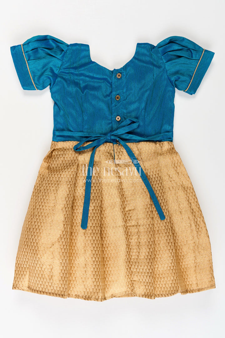 The Nesavu Silk Frock Silk Dres for Girls with Blue Raw Silk Top and Golden Tissue Silk Skirt for Elegant Festive Look Nesavu Nesavu Silk Dres Girls Blue Raw Silk Golden Tissue Skirt Puff Sleeves