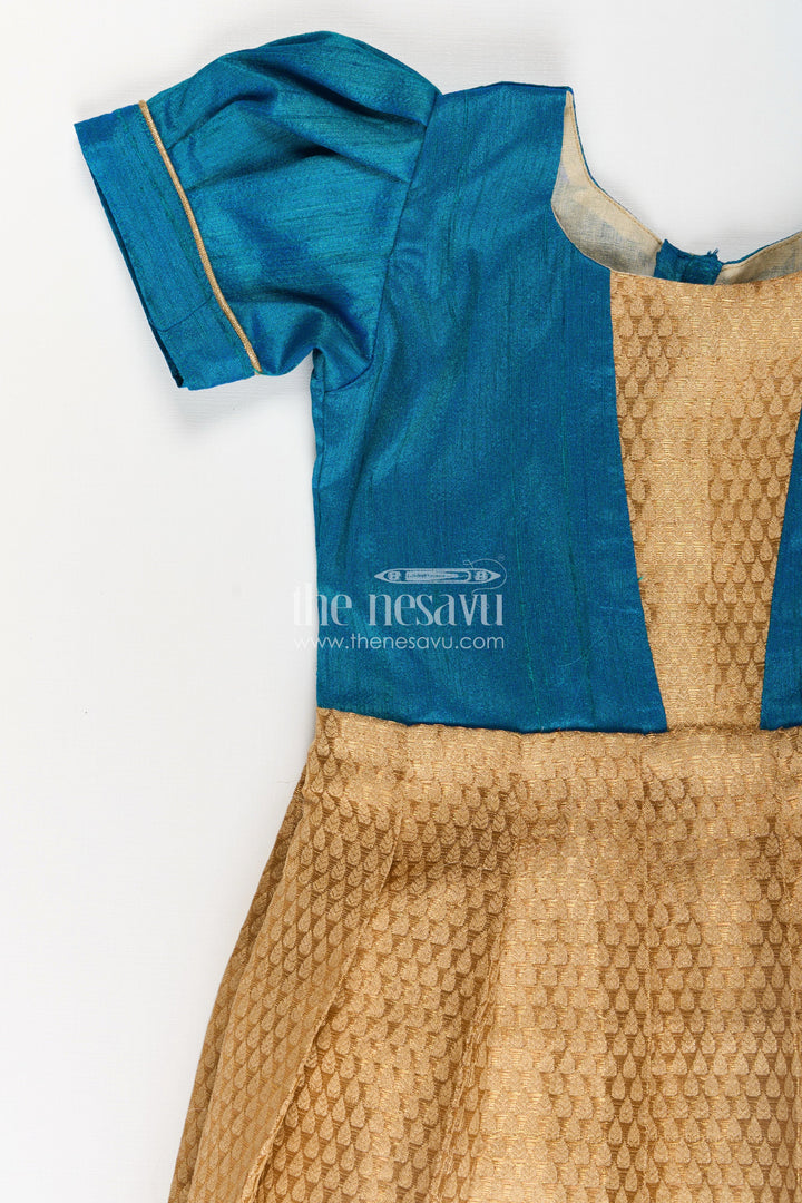 The Nesavu Silk Frock Silk Dres for Girls with Blue Raw Silk Top and Golden Tissue Silk Skirt for Elegant Festive Look Nesavu Nesavu Silk Dres Girls Blue Raw Silk Golden Tissue Skirt Puff Sleeves