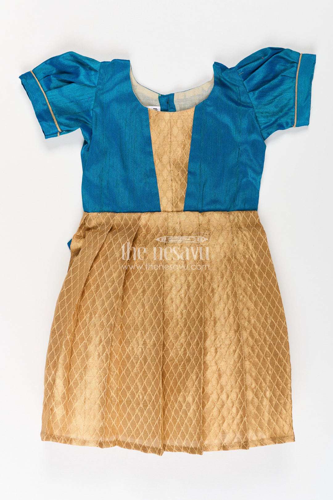The Nesavu Silk Frock Silk Dresses for Girls in Blue and Gold with Raw Silk Bodice and Tissue Silk Flared Skirt Nesavu 18 (2Y) / Yellow SF1014A-18 Nesavu Silk Dresses Girls Blue Raw Silk Gold Tissue Silk Bottom Festive Occasions