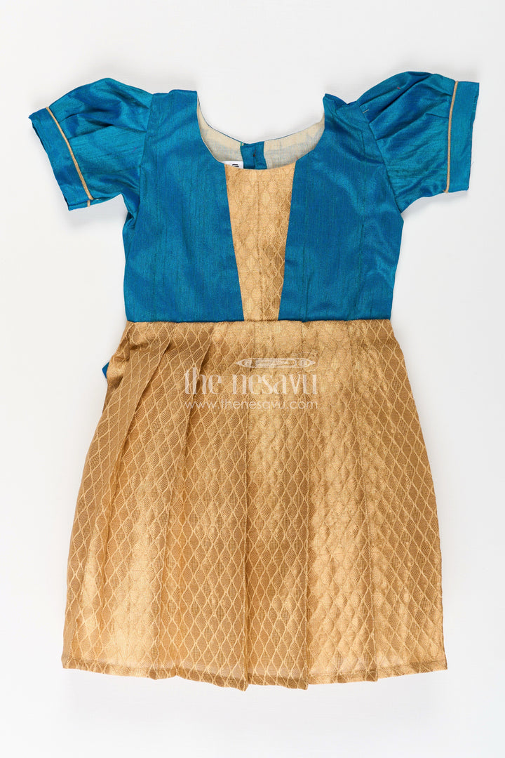 The Nesavu Silk Frock Silk Dresses for Girls in Blue and Gold with Raw Silk Bodice and Tissue Silk Flared Skirt Nesavu 18 (2Y) / Yellow SF1014A-18 Nesavu Silk Dresses Girls Blue Raw Silk Gold Tissue Silk Bottom Festive Occasions