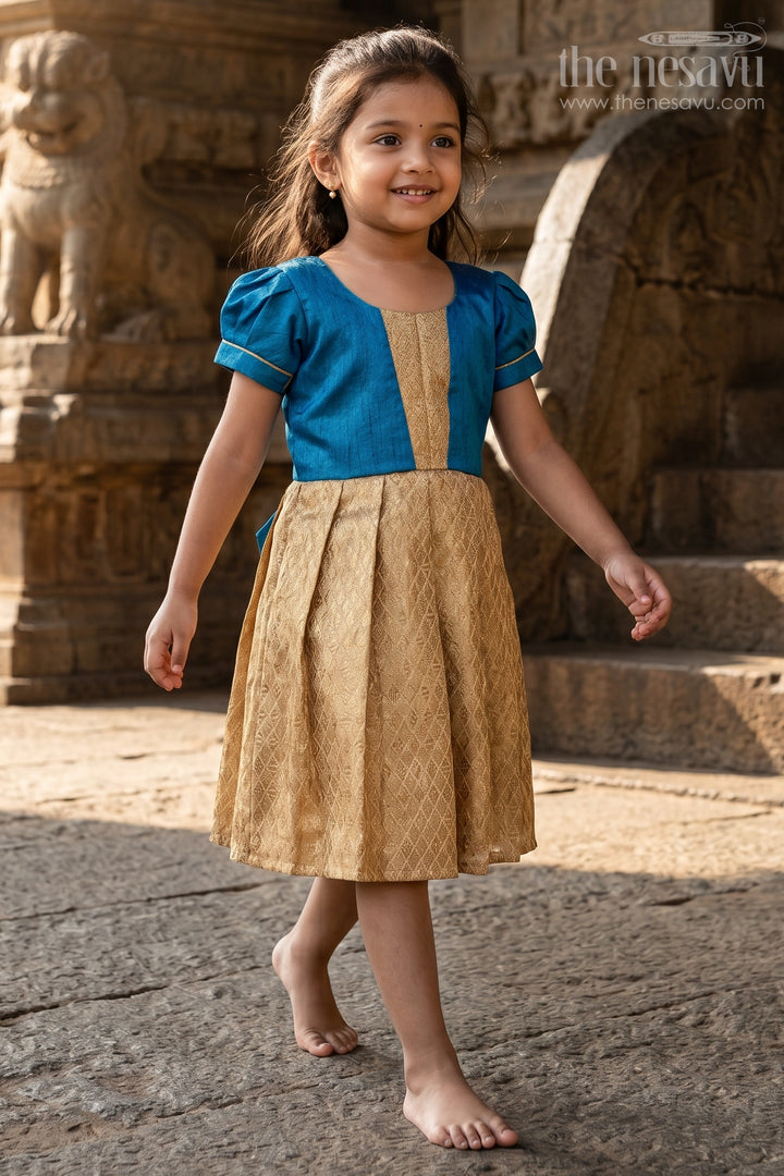 The Nesavu Silk Frock Silk Dresses for Girls in Blue and Gold with Raw Silk Bodice and Tissue Silk Flared Skirt Nesavu 18 (2Y) / Yellow SF1014A-18 Nesavu Silk Dresses Girls Blue Raw Silk Gold Tissue Silk Bottom Festive Occasions