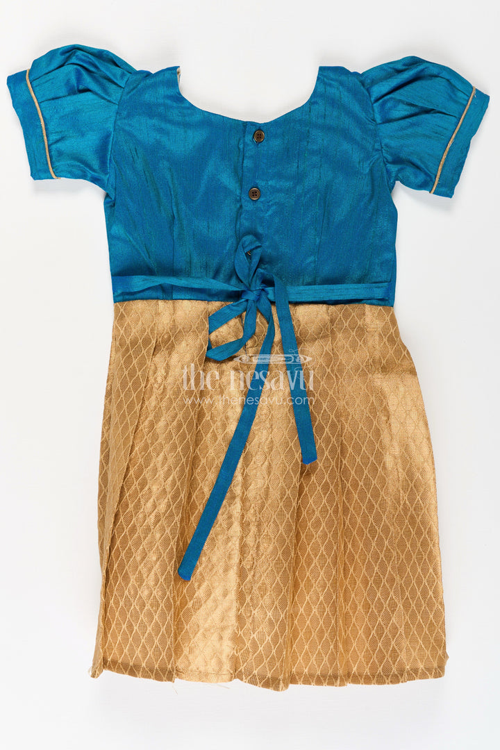 The Nesavu Silk Frock Silk Dresses for Girls in Blue and Gold with Raw Silk Bodice and Tissue Silk Flared Skirt Nesavu Nesavu Silk Dresses Girls Blue Raw Silk Gold Tissue Silk Bottom Festive Occasions