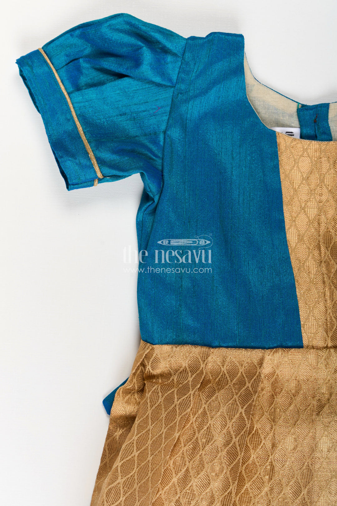 The Nesavu Silk Frock Silk Dresses for Girls in Blue and Gold with Raw Silk Bodice and Tissue Silk Flared Skirt Nesavu Nesavu Silk Dresses Girls Blue Raw Silk Gold Tissue Silk Bottom Festive Occasions