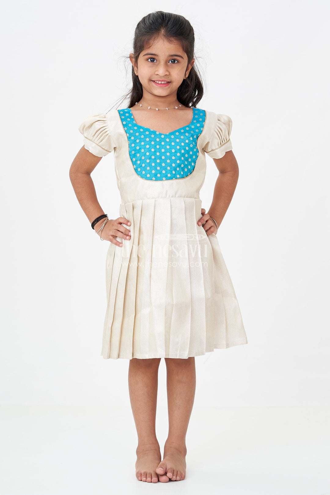 The Nesavu Silk Frock Silk Frock for Baby Girl in Ivory Tissue Silk with Emerald Embellished Yoke and Puff Sleeves Nesavu Nesavu Silk Frock Baby Girl Ivory Tissue Silk Emerald Embellished Yoke Puff Sleeves