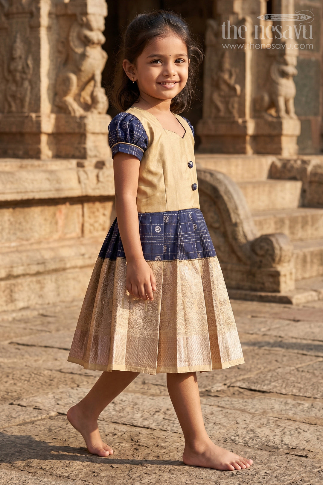 The Nesavu Silk Frock Silk Frock for Baby Girl Naming Ceremony and Festive Wear Nesavu 18 (2Y) / Blue / Kanchi Silk SF837AD-18 Nesavu Semi Kanchivaram Silk Frock For Baby Girl Naming Ceremony And Festive Occasions