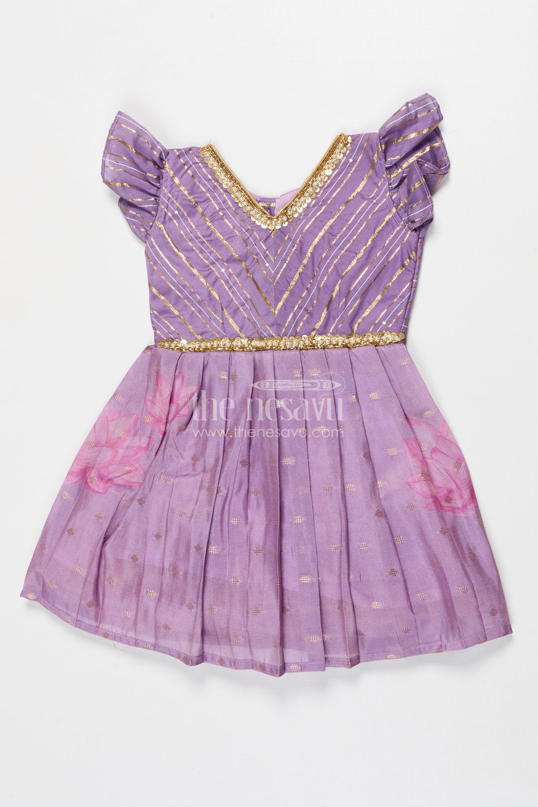 The Nesavu Silk Frock Silk Frock for Baby Girls for Cultural Events and Festive Dressing Nesavu 18 (2Y) / Purple SF1100B-18 Nesavu silk frock for baby girls with puff sleeves and lotus print – ideal for festive school events