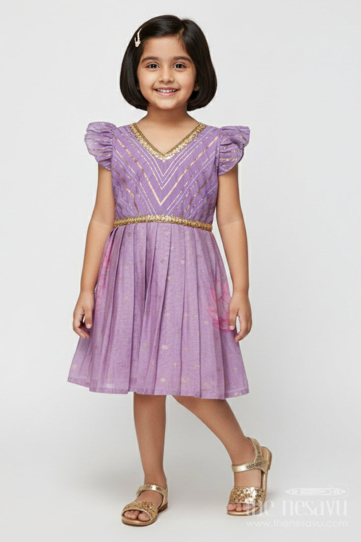 The Nesavu Silk Frock Silk Frock for Baby Girls for Cultural Events and Festive Dressing Nesavu 18 (2Y) / Purple SF1100B-18 Nesavu silk frock for baby girls with puff sleeves and lotus print – ideal for festive school events