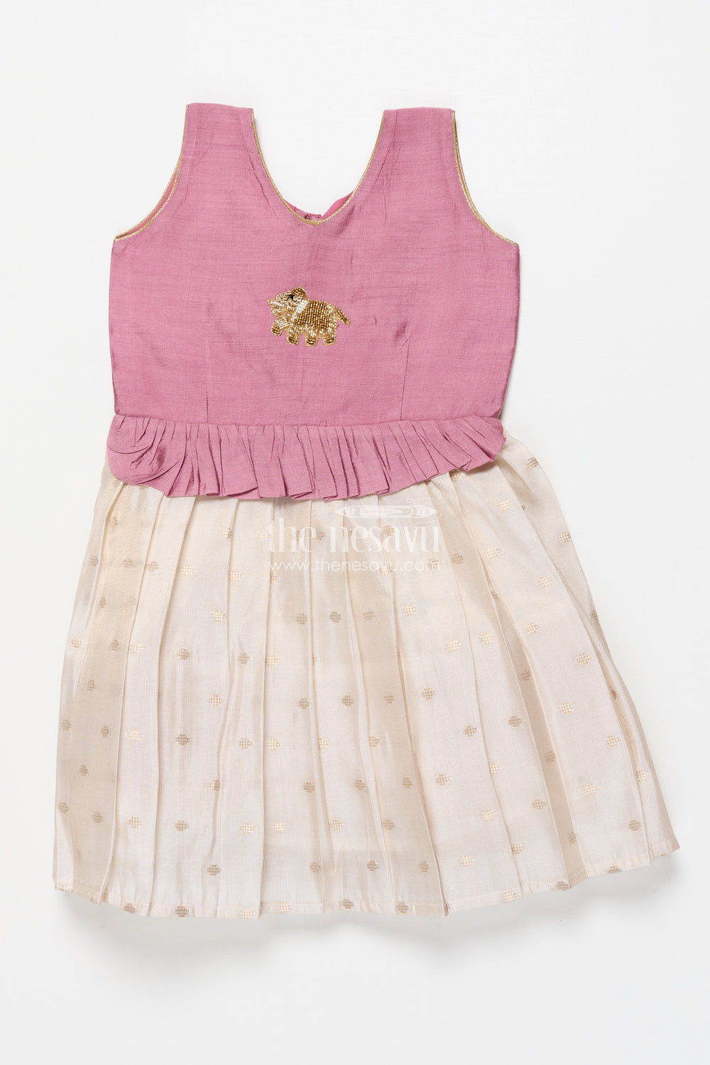 The Nesavu Silk Frock Silk Frock for Baby Girls for Naming Ceremony and Milestone Portraits Nesavu 18 (2Y) / Pink SF1078A-18 Nesavu silk frock baby girls patch embellished yoke banaras tissue skirt