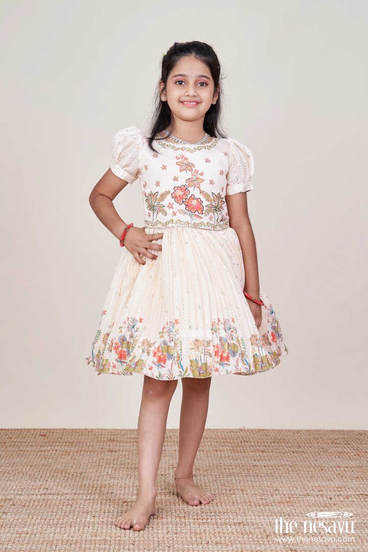The Nesavu Silk Party Frock Silk Frock for Baby Girls with Floral Digital Print and Sequence Embroidery Nesavu 18 (2Y) / Cream SF1073A-18 Nesavu baby girl silk frock floral digital print embroidery  ideal naming ceremonies