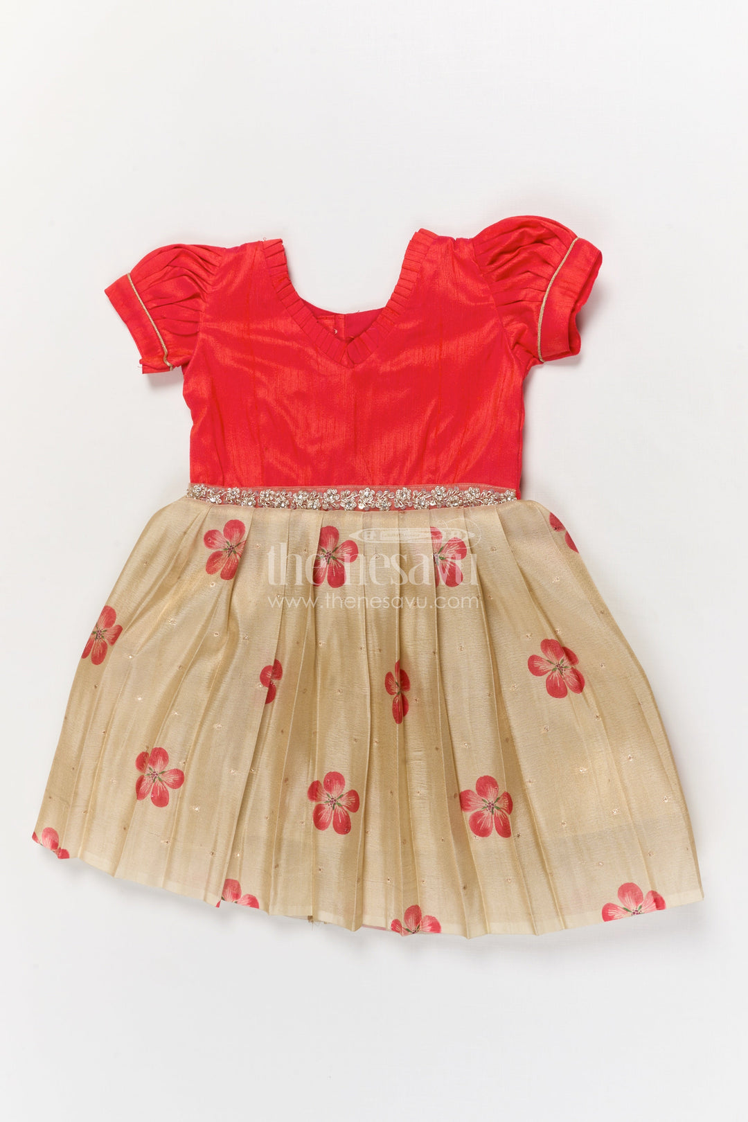 The Nesavu Silk Embroidered Frock Silk Frock for Baby Girls with Floral Prints for Birthday and Festive Wear Nesavu 16 (1Y) / Red / Silk Blend SF1111A-16 Nesavu silk frock for baby girls with digital floral prints and puff sleeves – perfect for birthdays and poojas