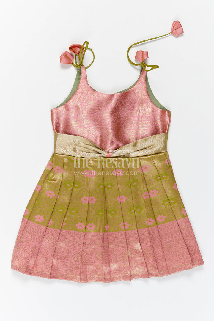 The Nesavu Girls Kanchi Silk Frock Silk Frock for Girls in Gold with an Occasion Ready Finish Nesavu 18 (2Y) / Gold / Style 1 KSF078AA-18 Nesavu Silk Frock For Girls With Woven Texture For Festive Occasion KSF078AA-18