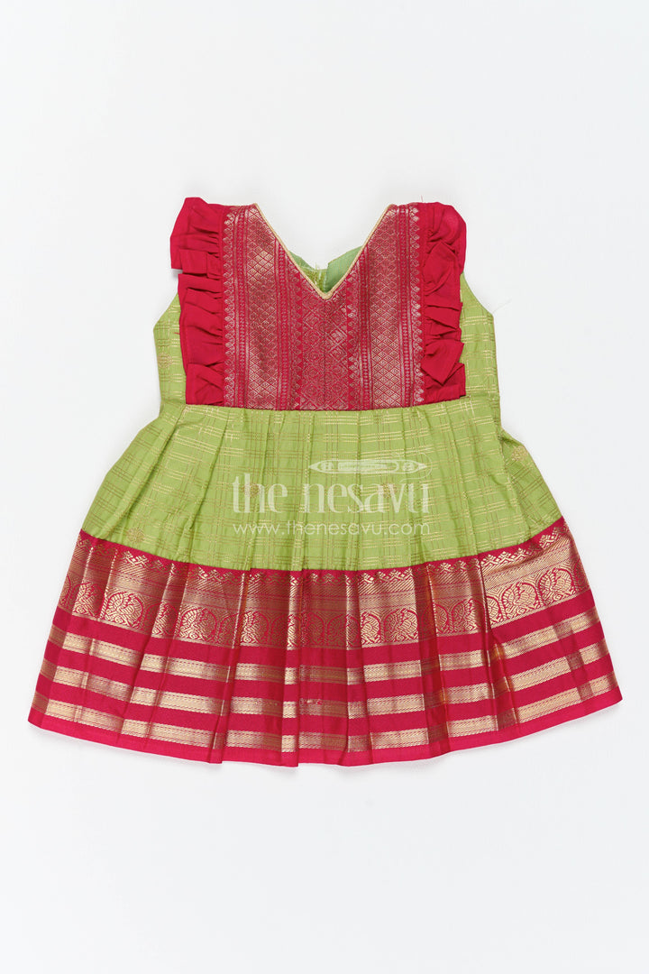 The Nesavu Girls Kanchi Silk Frock Silk Frock for Girls in Green with an Occasion Ready Finish Nesavu 10 (NB) / Green / Style 2 KSF098EB-10 Nesavu Silk Frock For Girls In Green For Parties And Memorable Photos KSF098EB-10