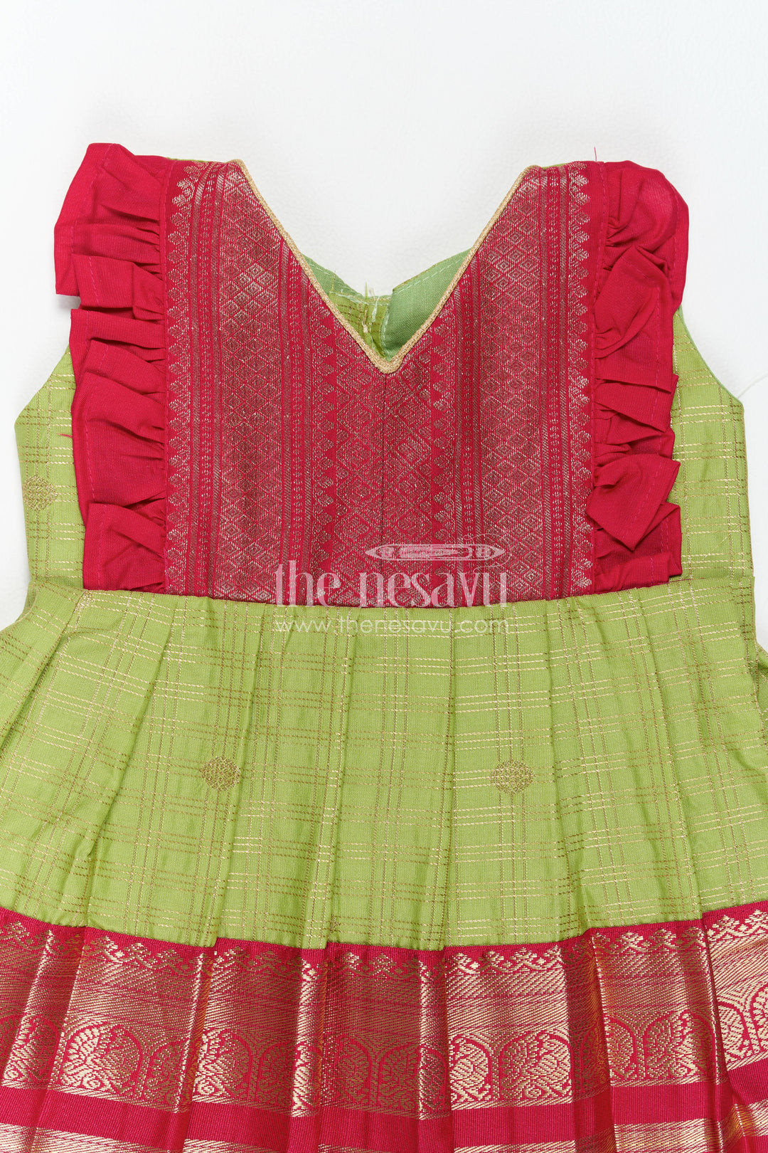 The Nesavu Girls Kanchi Silk Frock Silk Frock for Girls in Green with an Occasion Ready Finish Nesavu Nesavu Silk Frock For Girls In Green For Parties And Memorable Photos