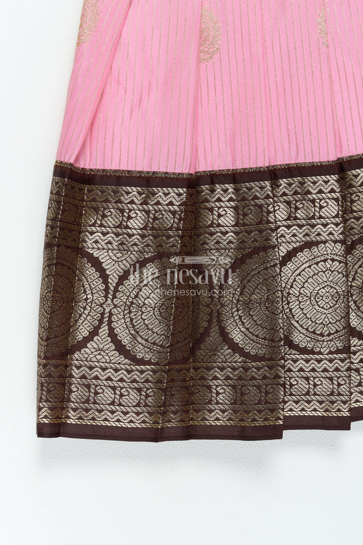 The Nesavu Girls Kanchi Silk Frock Silk Frock for Girls in Peach for Family Celebrations Nesavu Nesavu Silk Frock For Girls In Peach For Family Celebrations