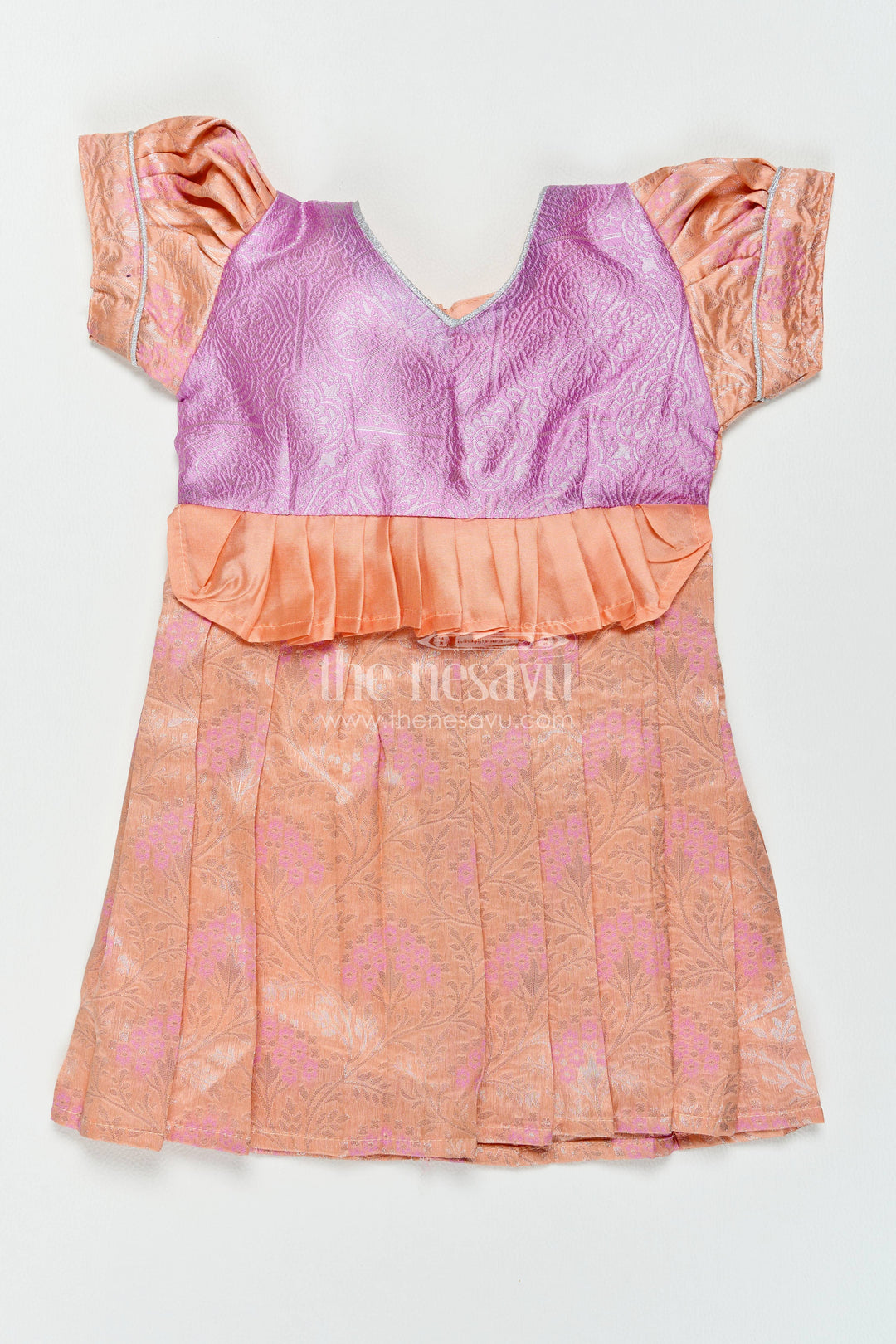 The Nesavu Girls Kanchi Silk Frock Silk Frock for Girls in Peach for Traditional Events Nesavu 12 (3M) / Peach / Style 5 KSF082CE-12 Nesavu Silk Frock For Girls With Woven Texture For Weddings And Family KSF082CE-12