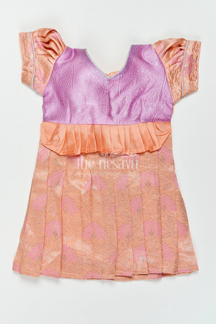 The Nesavu Girls Kanchi Silk Frock Silk Frock for Girls in Peach for Traditional Events Nesavu 12 (3M) / Peach / Style 5 KSF082CE-12 Nesavu Silk Frock For Girls With Woven Texture For Weddings And Family KSF082CE-12