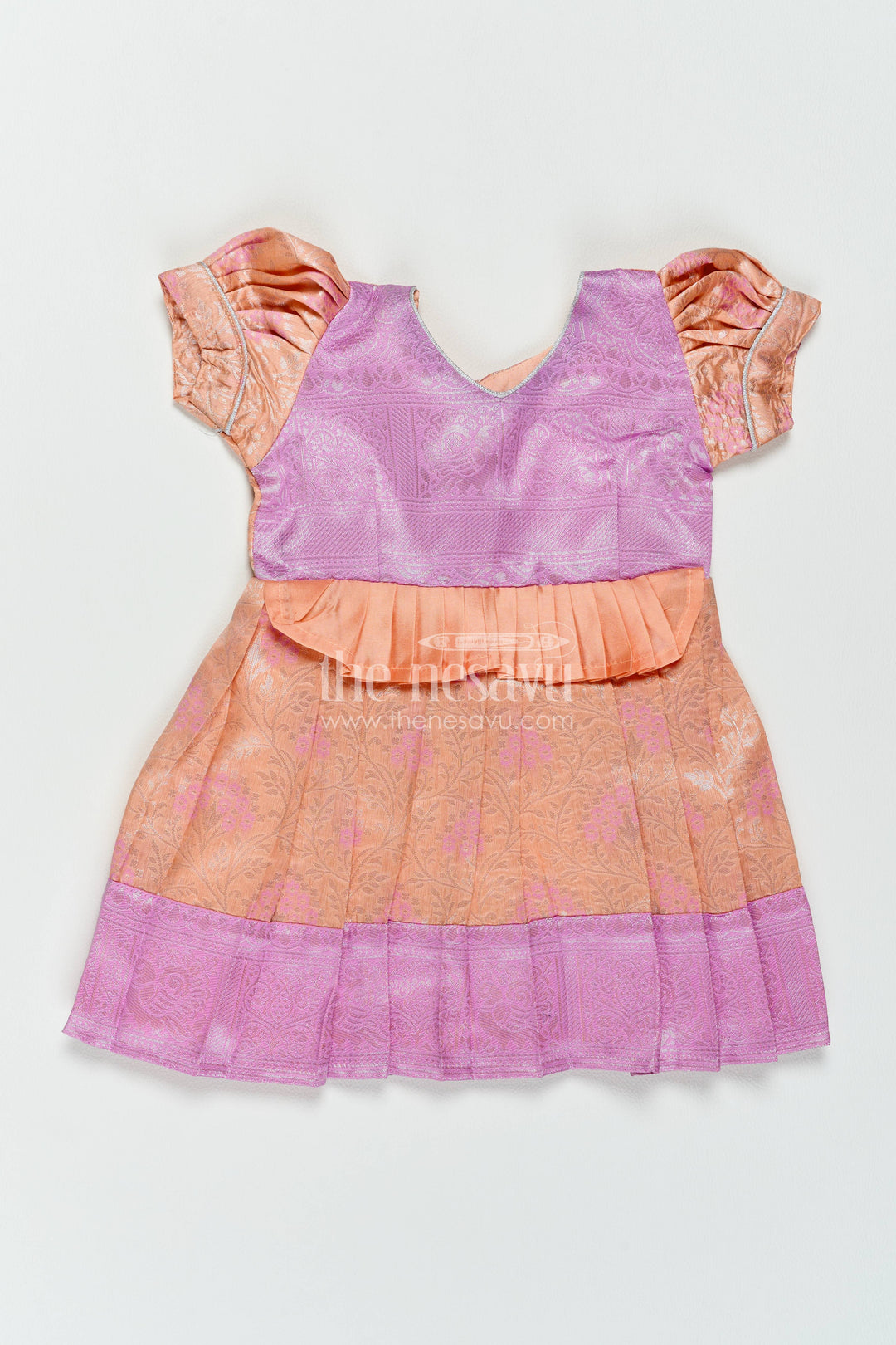 The Nesavu Girls Kanchi Silk Frock Silk Frock for Girls in Peach for Traditional Events Nesavu 14 (6M) / Peach / Style 4 KSF082CD-14 Nesavu Silk Frock For Girls With Woven Texture For Weddings And Family KSF082CD-14