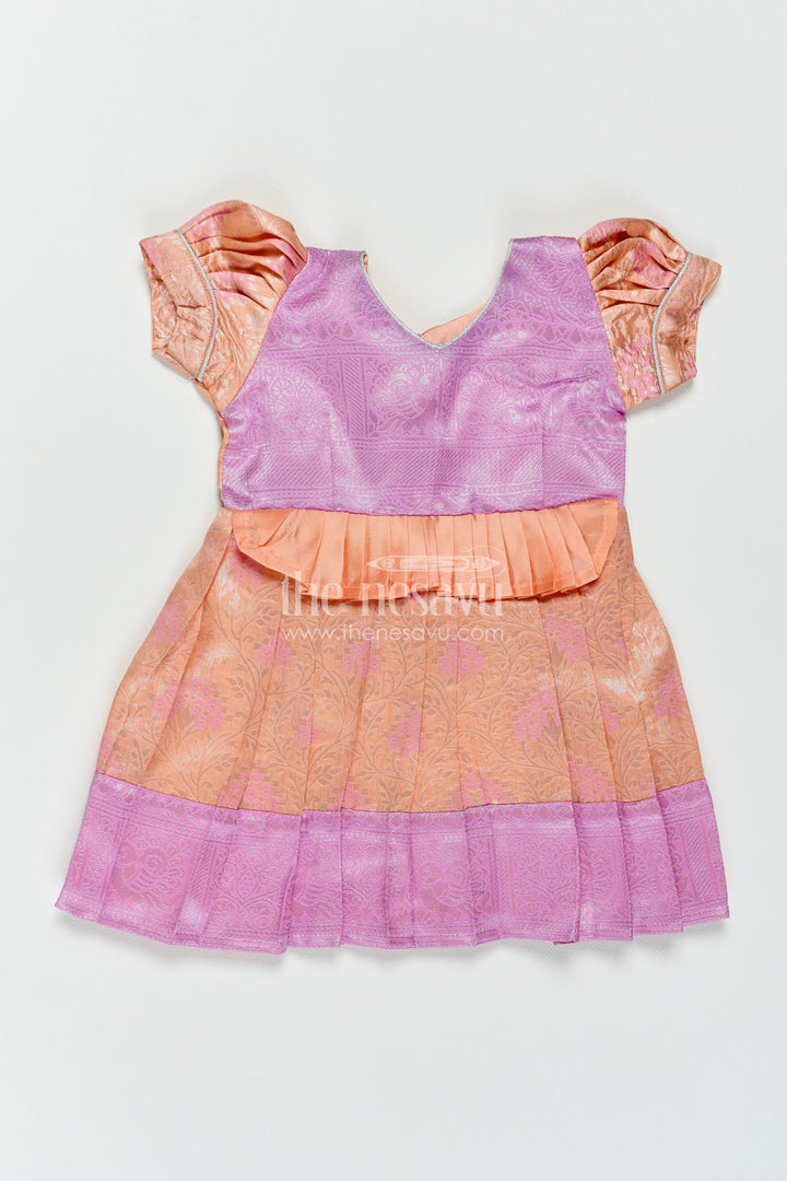 The Nesavu Girls Kanchi Silk Frock Silk Frock for Girls in Peach for Traditional Events Nesavu 14 (6M) / Peach / Style 4 KSF082CD-14 Nesavu Silk Frock For Girls With Woven Texture For Weddings And Family KSF082CD-14