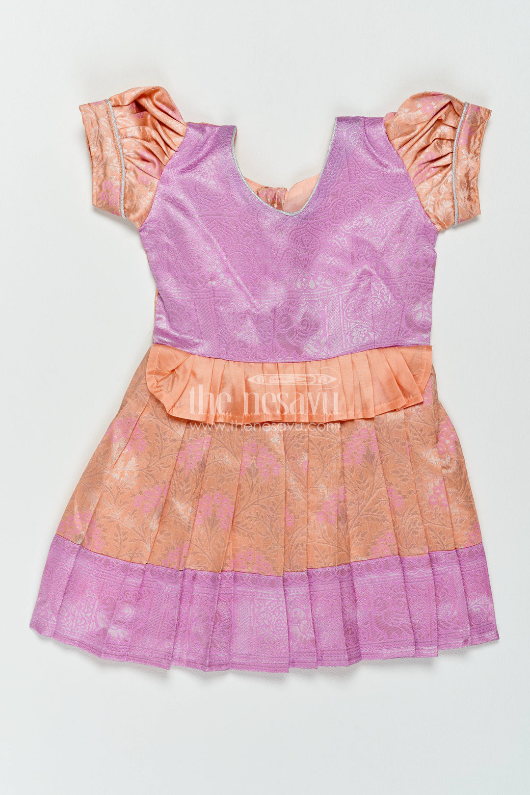 The Nesavu Girls Kanchi Silk Frock Silk Frock for Girls in Peach for Traditional Events Nesavu 16 (1Y) / Peach / Style 3 KSF082CC-16 Nesavu Silk Frock For Girls With Woven Texture For Weddings And Family KSF082CC-16
