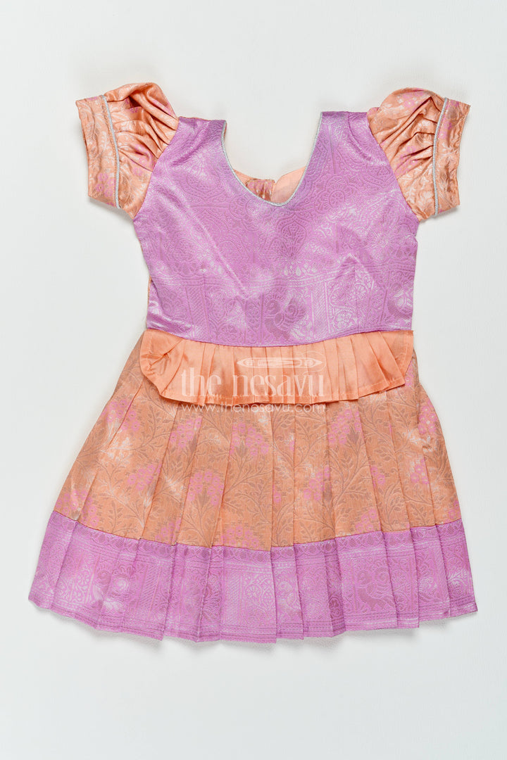 The Nesavu Girls Kanchi Silk Frock Silk Frock for Girls in Peach for Traditional Events Nesavu 16 (1Y) / Peach / Style 3 KSF082CC-16 Nesavu Silk Frock For Girls With Woven Texture For Weddings And Family KSF082CC-16