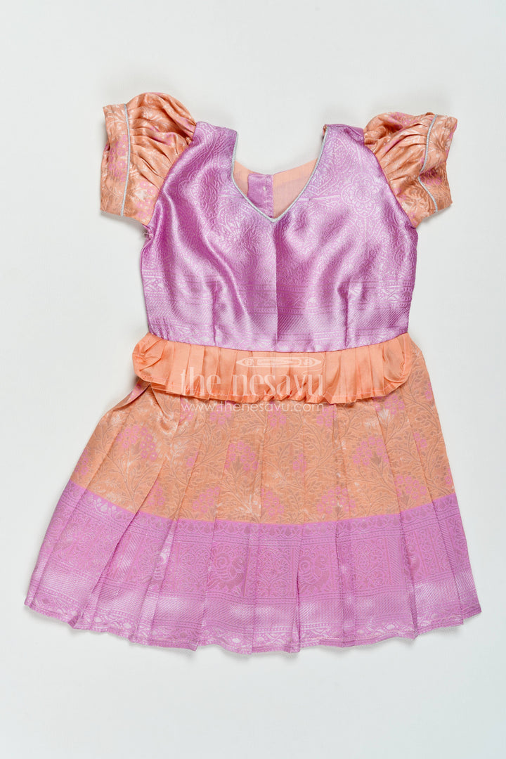 The Nesavu Girls Kanchi Silk Frock Silk Frock for Girls in Peach for Traditional Events Nesavu 18 (2Y) / Peach / Style 1 KSF082CA-18 Nesavu Silk Frock For Girls With Woven Texture For Weddings And Family KSF082CA-18