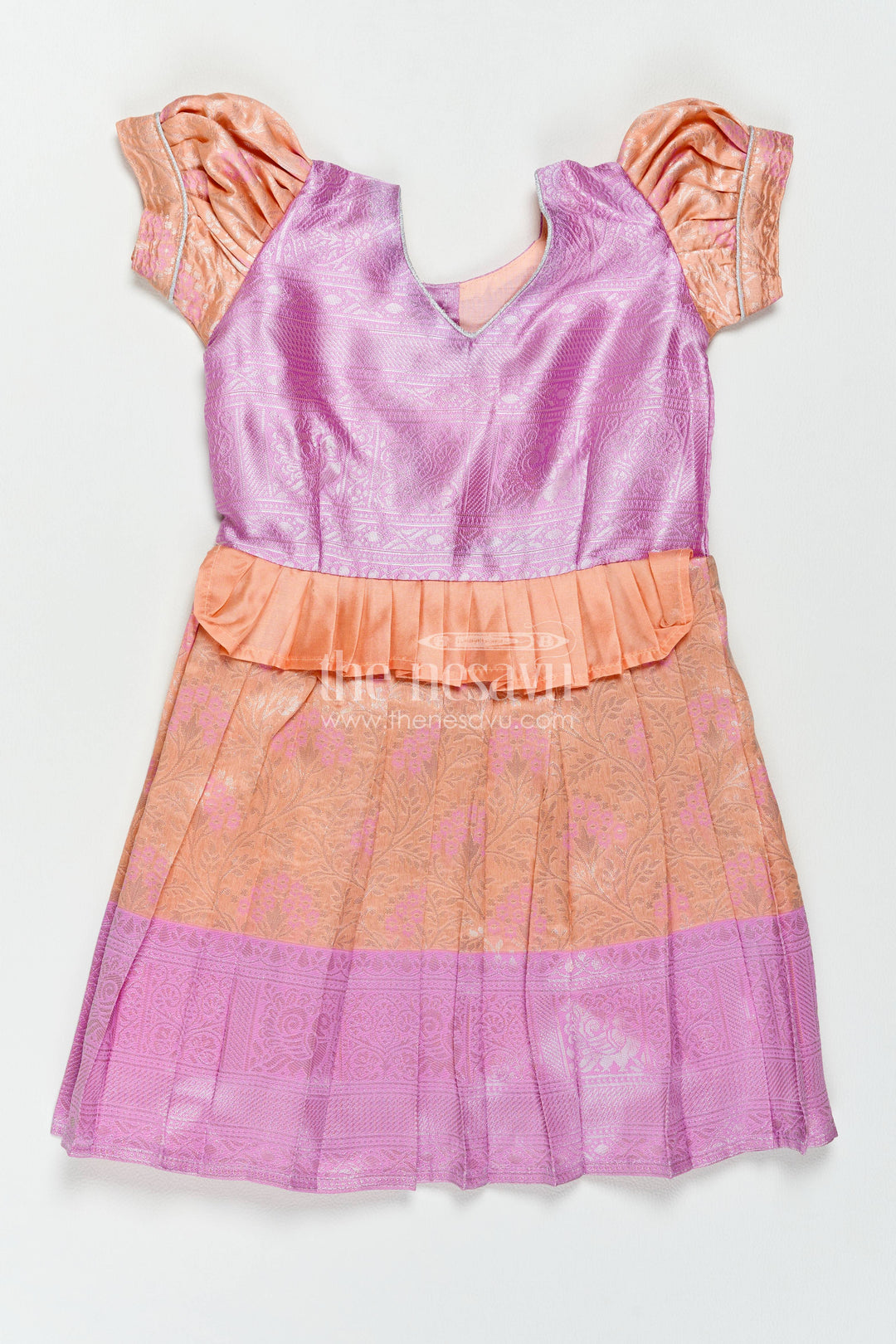 The Nesavu Girls Kanchi Silk Frock Silk Frock for Girls in Peach for Traditional Events Nesavu 20 (3Y) / Peach / Style 2 KSF082CB-20 Nesavu Silk Frock For Girls With Woven Texture For Weddings And Family KSF082CB-20