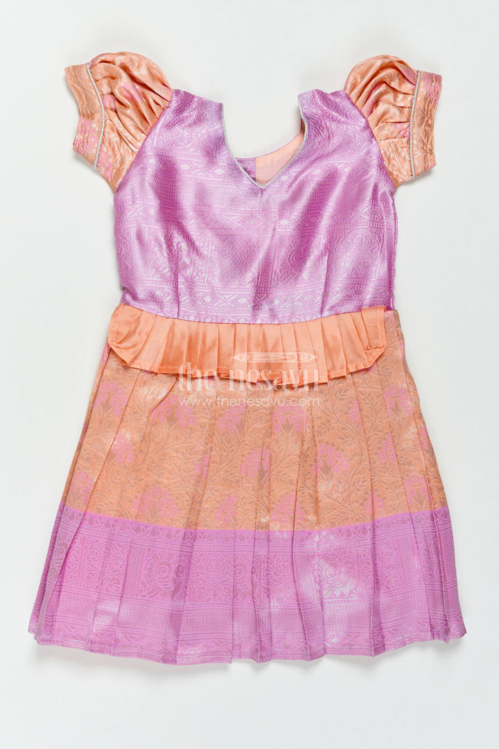 The Nesavu Girls Kanchi Silk Frock Silk Frock for Girls in Peach for Traditional Events Nesavu 20 (3Y) / Peach / Style 2 KSF082CB-20 Nesavu Silk Frock For Girls With Woven Texture For Weddings And Family KSF082CB-20