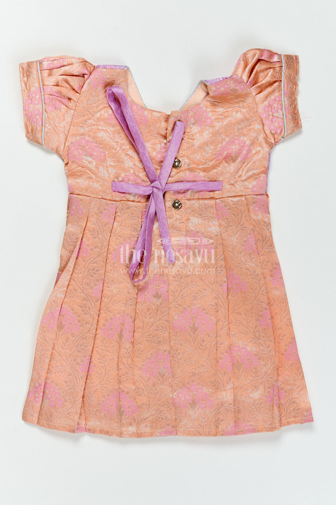 The Nesavu Girls Kanchi Silk Frock Silk Frock for Girls in Peach for Traditional Events Nesavu Nesavu Silk Frock For Girls With Woven Texture For Weddings And Family