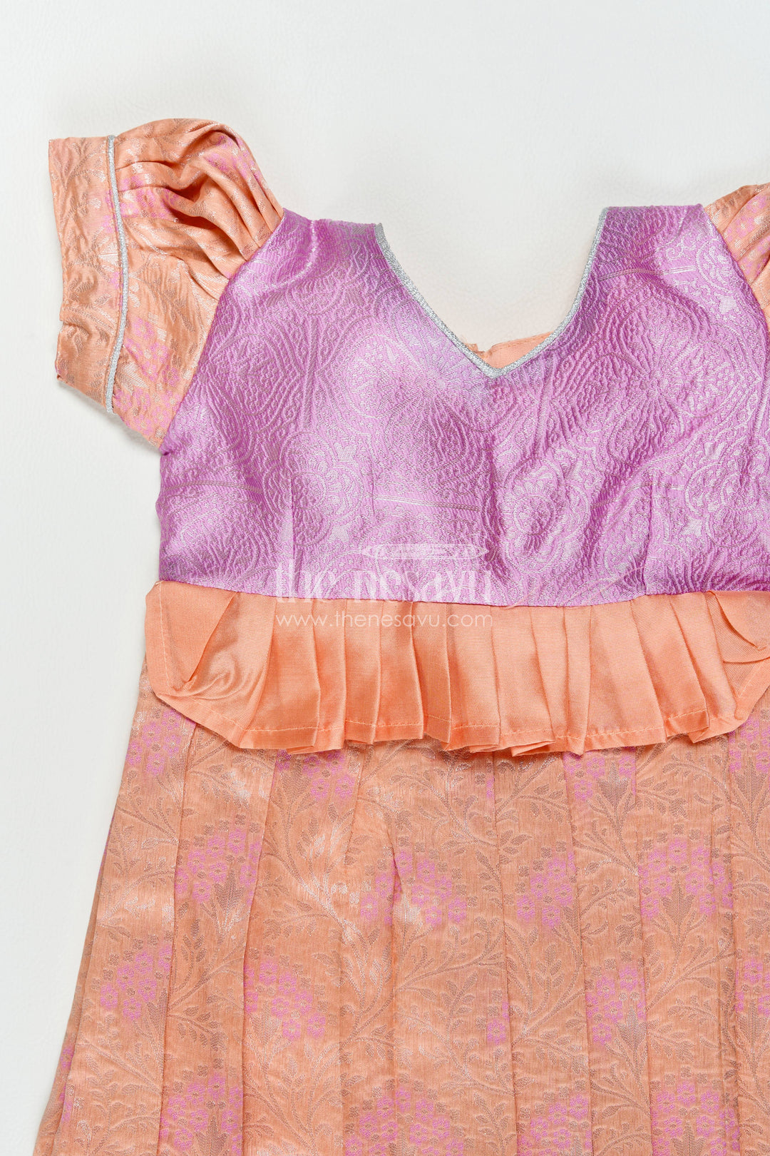 The Nesavu Girls Kanchi Silk Frock Silk Frock for Girls in Peach for Traditional Events Nesavu Nesavu Silk Frock For Girls With Woven Texture For Weddings And Family