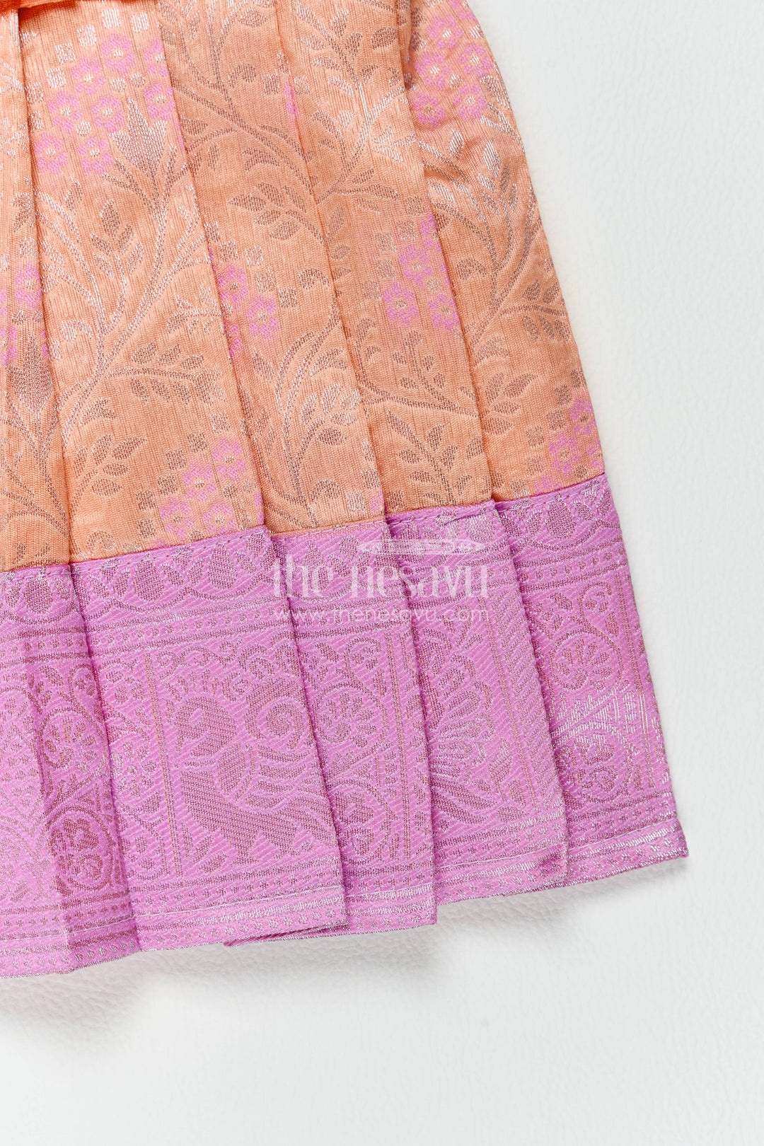 The Nesavu Girls Kanchi Silk Frock Silk Frock for Girls in Peach for Traditional Events Nesavu Nesavu Silk Frock For Girls With Woven Texture For Weddings And Family