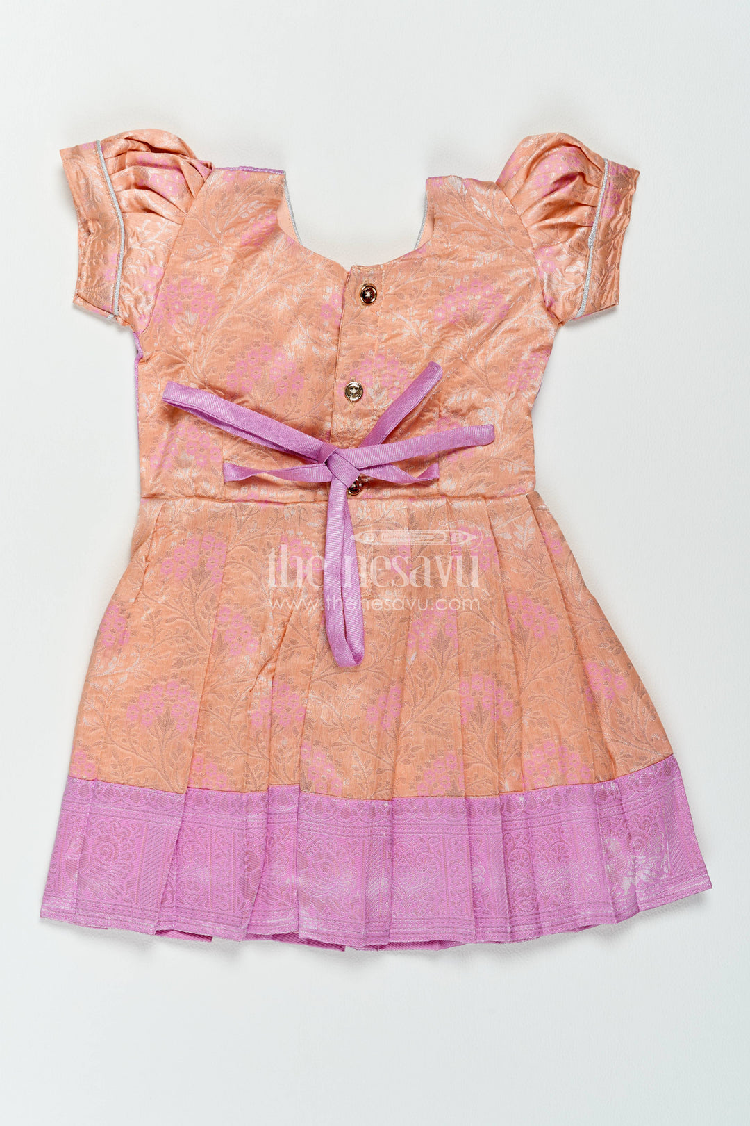 The Nesavu Girls Kanchi Silk Frock Silk Frock for Girls in Peach for Traditional Events Nesavu Nesavu Silk Frock For Girls With Woven Texture For Weddings And Family