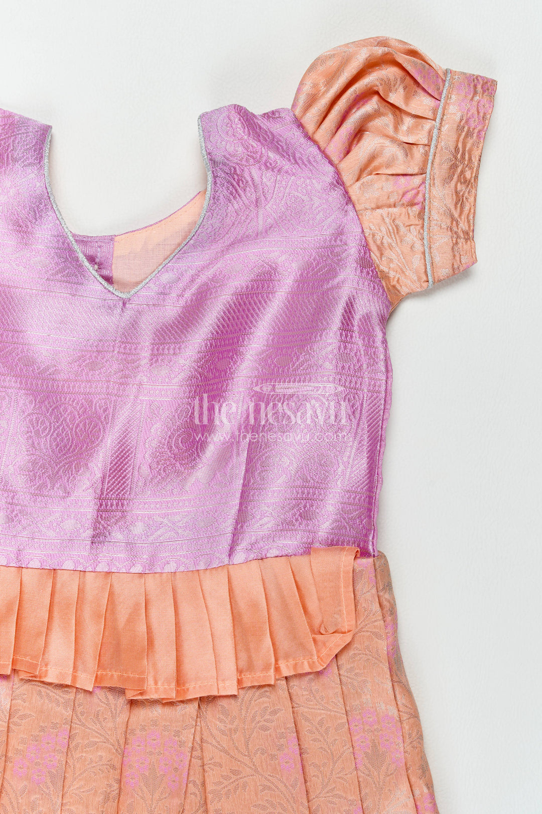 The Nesavu Girls Kanchi Silk Frock Silk Frock for Girls in Peach for Traditional Events Nesavu Nesavu Silk Frock For Girls With Woven Texture For Weddings And Family
