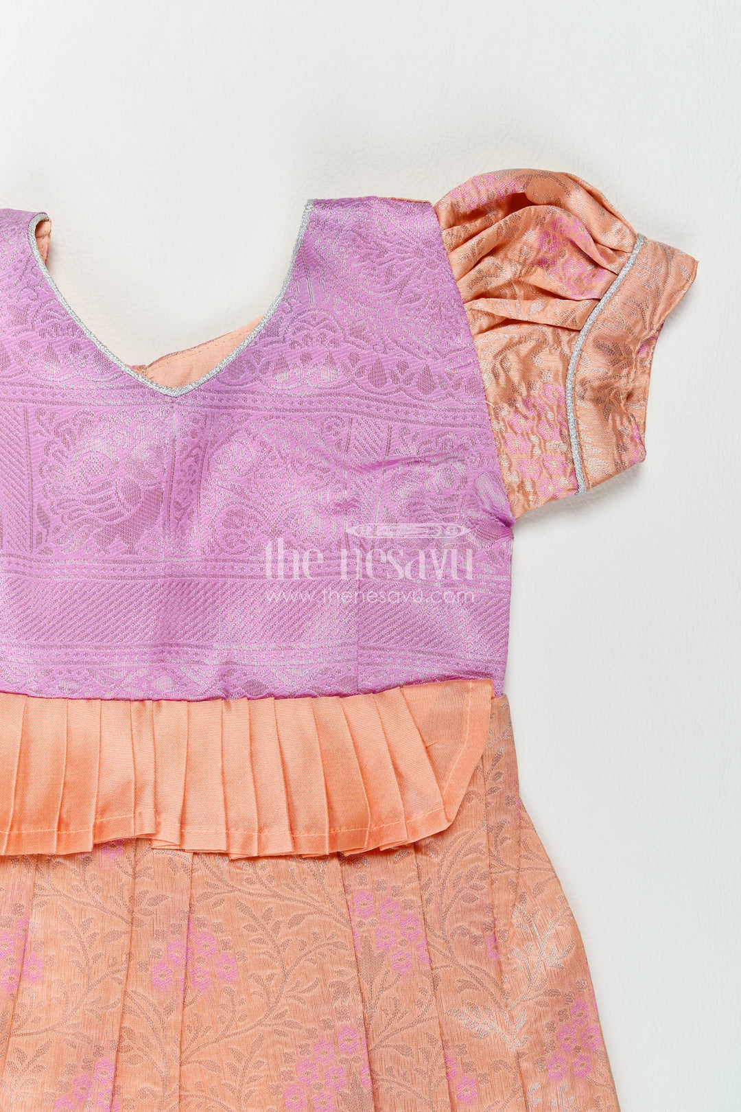 The Nesavu Girls Kanchi Silk Frock Silk Frock for Girls in Peach for Traditional Events Nesavu Nesavu Silk Frock For Girls With Woven Texture For Weddings And Family