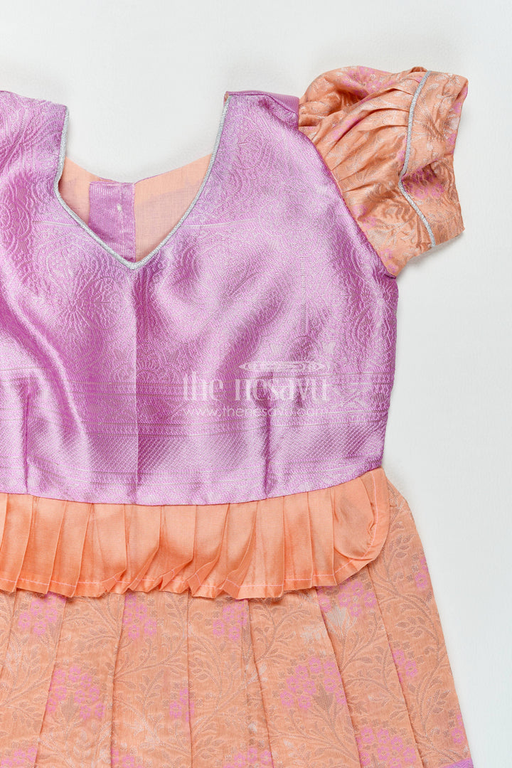 The Nesavu Girls Kanchi Silk Frock Silk Frock for Girls in Peach for Traditional Events Nesavu Nesavu Silk Frock For Girls With Woven Texture For Weddings And Family