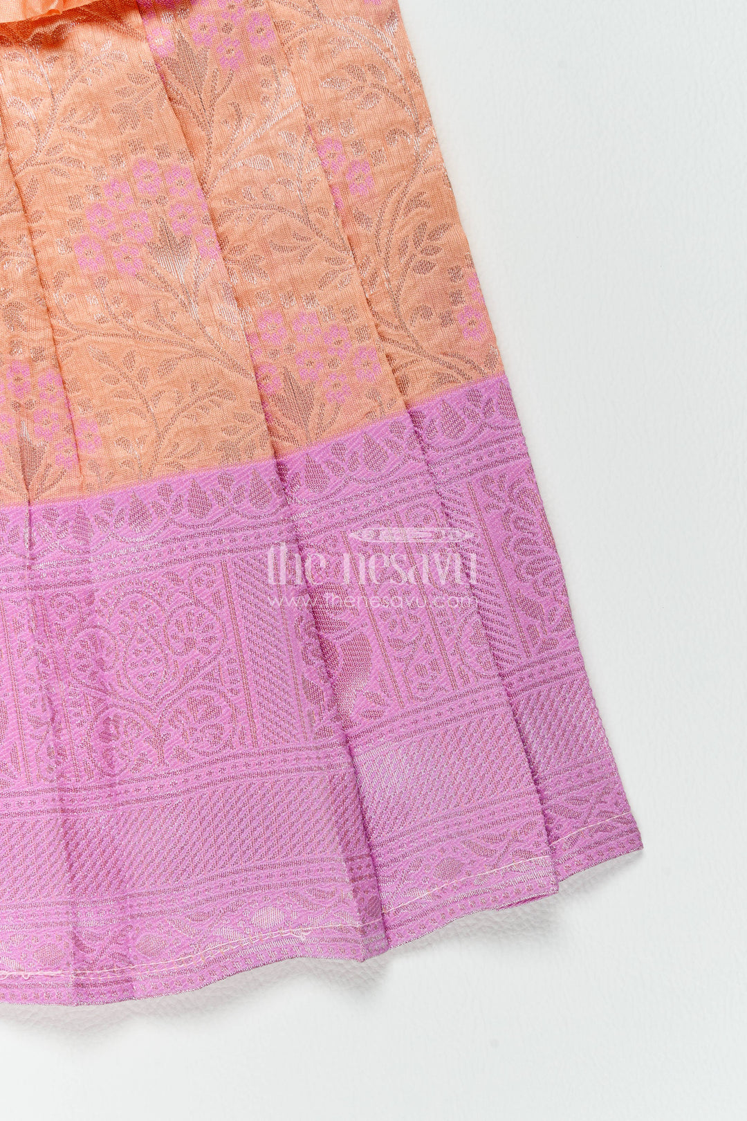 The Nesavu Girls Kanchi Silk Frock Silk Frock for Girls in Peach for Traditional Events Nesavu Nesavu Silk Frock For Girls With Woven Texture For Weddings And Family