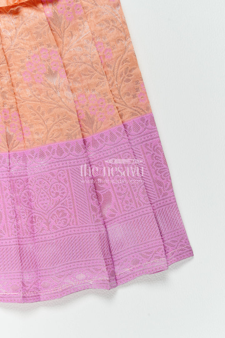 The Nesavu Girls Kanchi Silk Frock Silk Frock for Girls in Peach for Traditional Events Nesavu Nesavu Silk Frock For Girls With Woven Texture For Weddings And Family