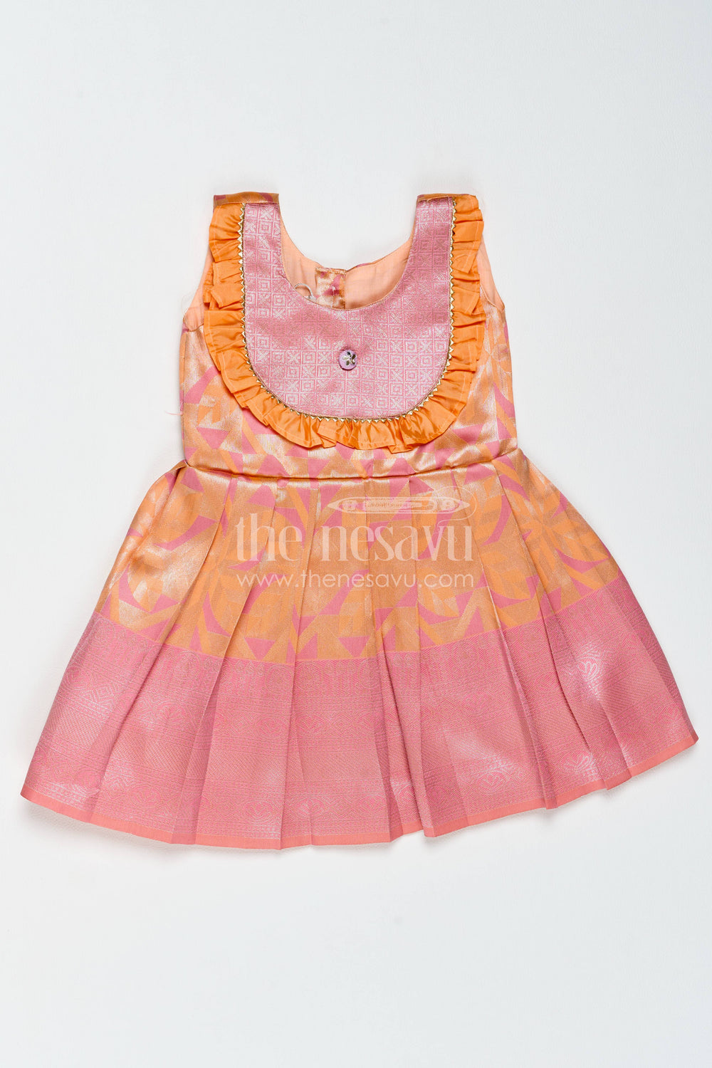 The Nesavu Girls Kanchi Silk Frock Silk Frock for Girls in Peach with an Occasion Ready Finish Nesavu 16 (1Y) / Peach / Style 1 KSF081AA-16 Nesavu Silk Frock For Girls In Peach For Parties And Memorable Photos KSF081AA-16