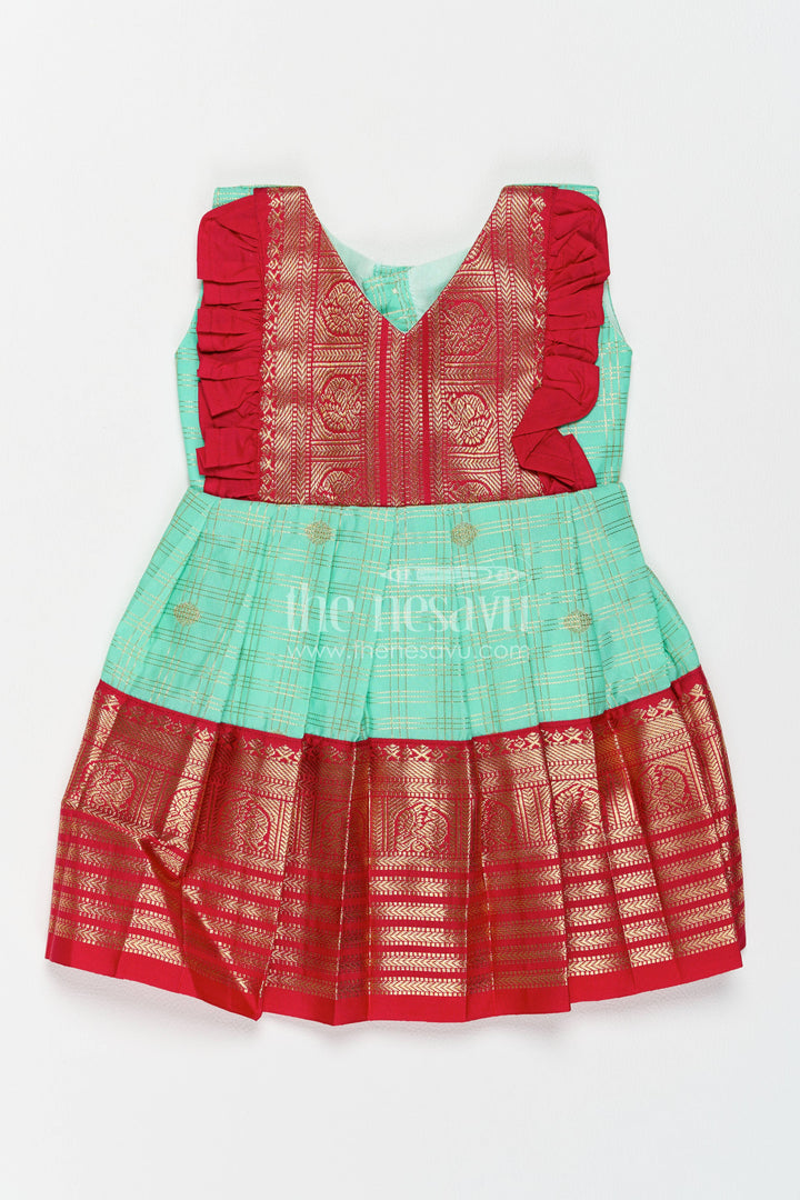 The Nesavu Girls Kanchi Silk Frock Silk Frock for Girls in Turquoise for Family Celebrations Nesavu 10 (NB) / Turquoise / Style 2 KSF098BB-10 Nesavu Silk Frock For Girls In Turquoise For Parties And Memorable KSF098BB-10