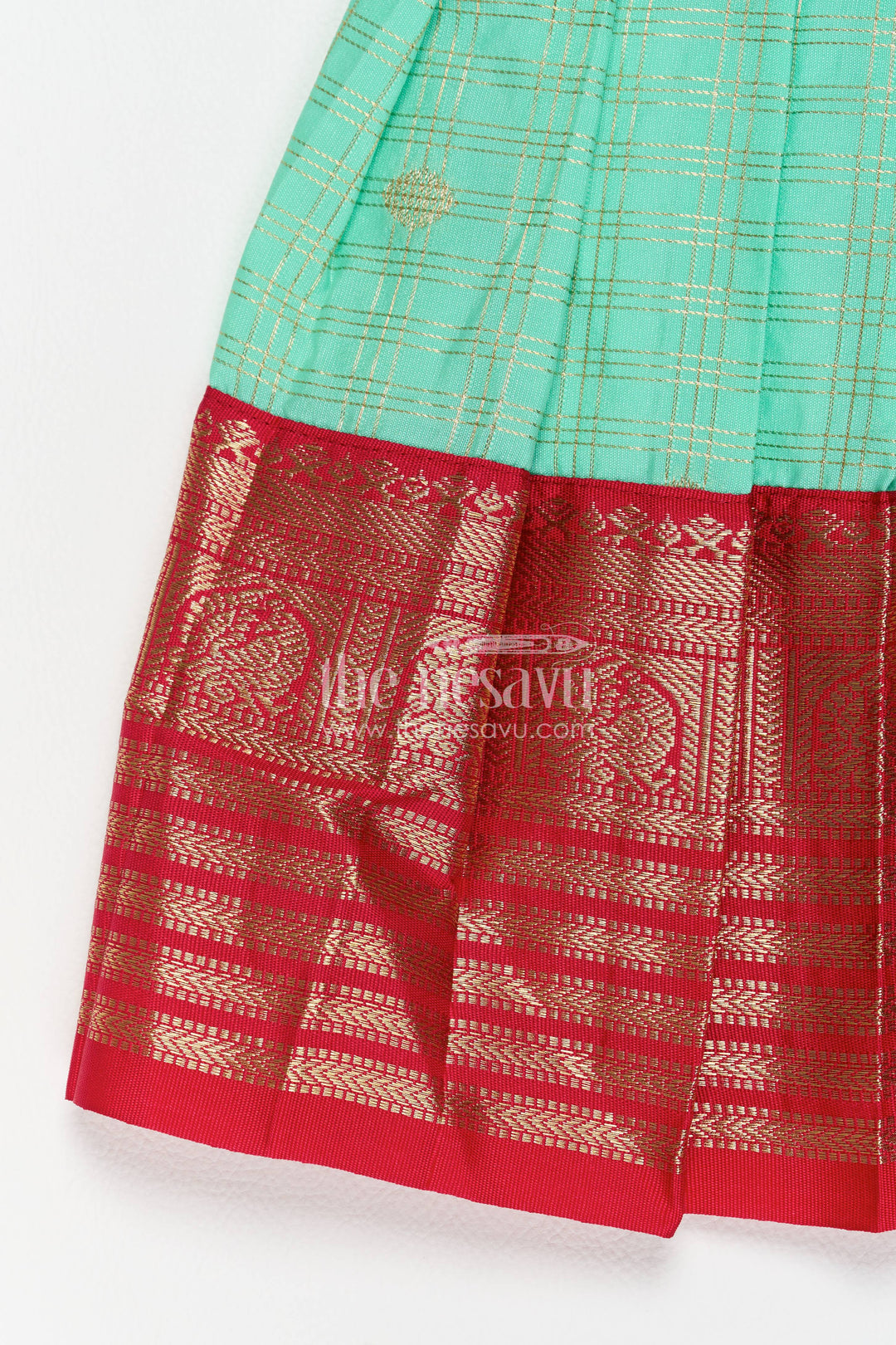 The Nesavu Girls Kanchi Silk Frock Silk Frock for Girls in Turquoise for Family Celebrations Nesavu Nesavu Silk Frock For Girls In Turquoise For Parties And Memorable