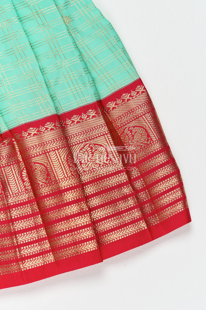 The Nesavu Girls Kanchi Silk Frock Silk Frock for Girls in Turquoise for Family Celebrations Nesavu Nesavu Silk Frock For Girls In Turquoise For Parties And Memorable