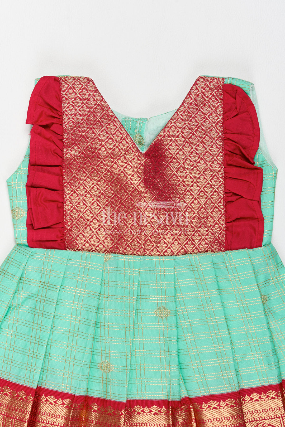The Nesavu Girls Kanchi Silk Frock Silk Frock for Girls in Turquoise for Family Celebrations Nesavu Nesavu Silk Frock For Girls In Turquoise For Parties And Memorable